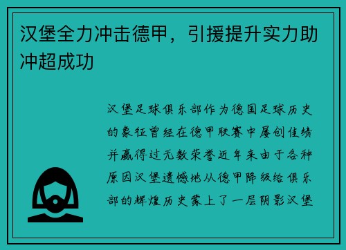 汉堡全力冲击德甲，引援提升实力助冲超成功